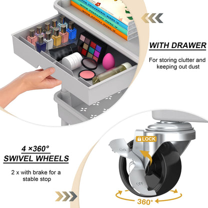 Goovilla 3 Tier Rolling Utility Cart Organizer with Removable Drawer, Stable and Sturdy Black Rolling Storage Carts with 2 Lockable Wheels for Bathroom, Kitchen, Snack, Craft, Makeup, Baby Essentials