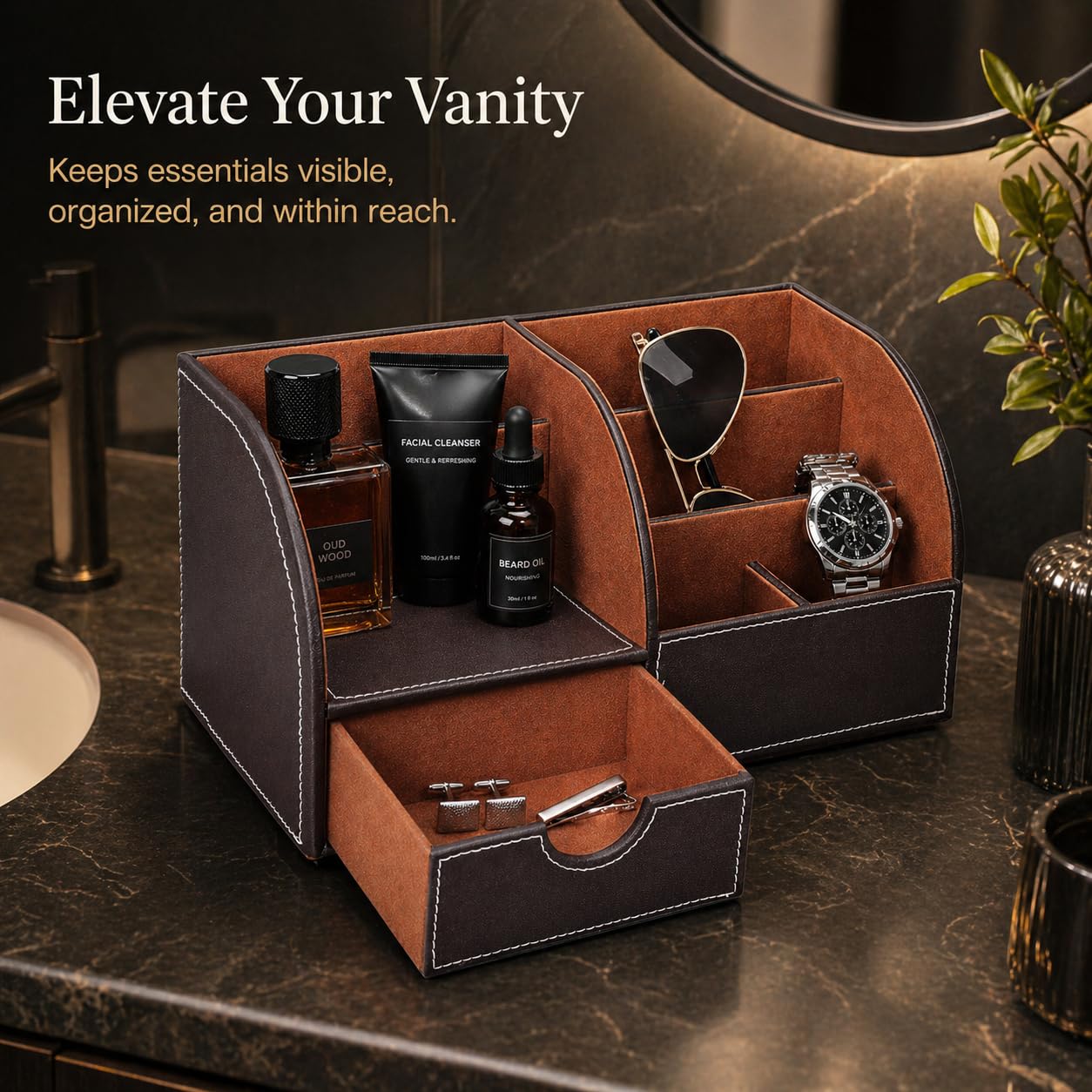 KINGFOM Cologne Organizer for Men, PU Leather Dresser Organizer with Drawer, Countertop Cologne Holder for Watch, Wallet, Keys, Sunglasses, Bathroom Bedroom Nightstand Organizer, Gifts for Men Brown