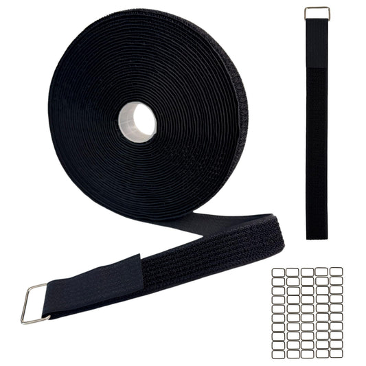1" x 32ft Heavy Duty Hook and Loop Straps with 50 Metal Buckles, Adjustable Reusable Cinch Straps, Nylon Cut-to-Length Long Cable Straps and Cord Ties Roll for Storage and Cord Organizer, Black