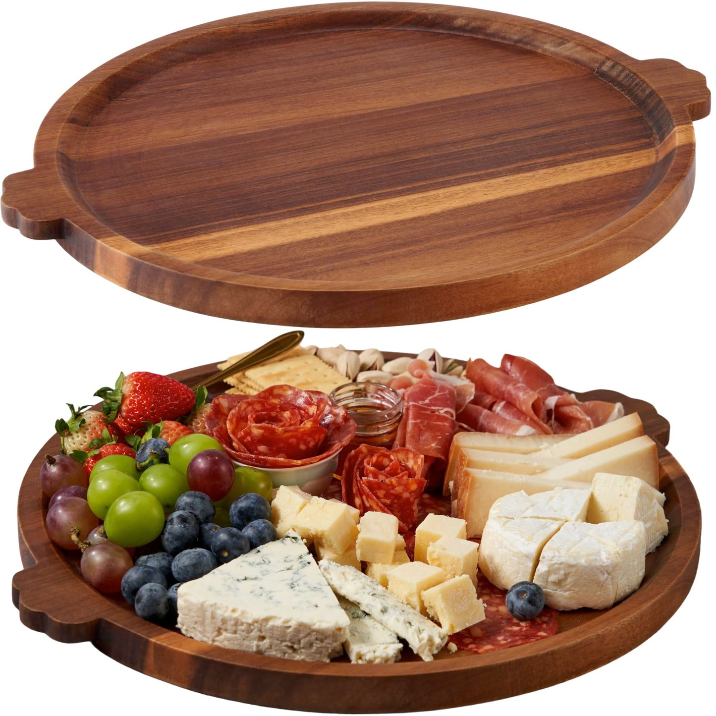 Charcuterie Board | Acacia Wood Serving Tray with Handles 13'' | Round Decorative Ottoman Coffee Table Tray | Circular Wooden Cheese Board Serving Platter for Party Supplies | Includes 1 Board