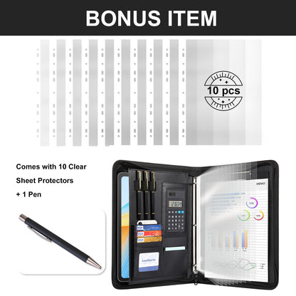 Leathario Portfolio Binder, Includes 10 Sheet Protectors and a Pen, 13 Inch Tablets Organizer, Vegan Leather A4 Padfolio, Multi-Pocket Notepad Business Planner Professional 3 Ring Document