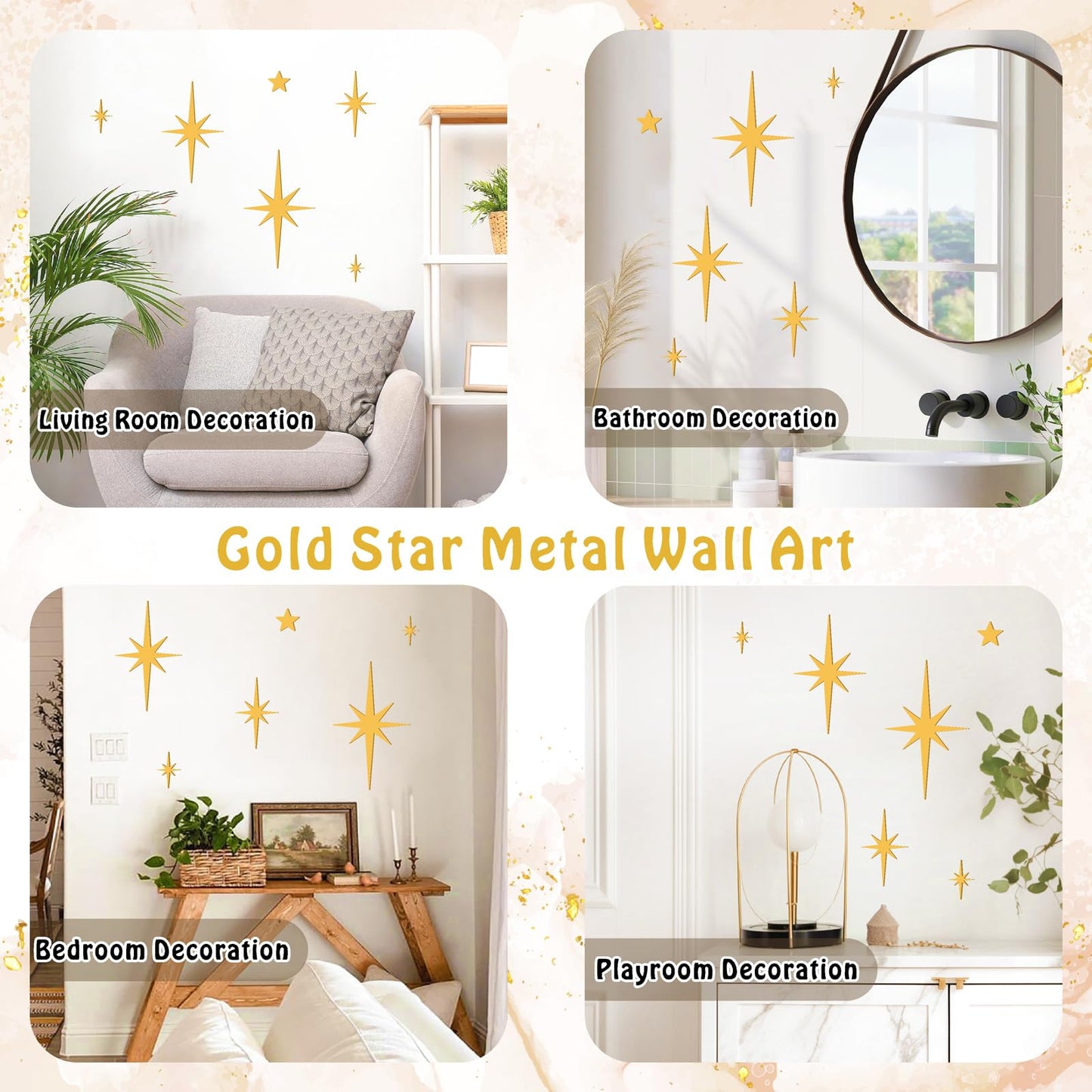6 PCS Gold Star Wall Decor Iron Starburst Wall Decoration Retro Christmas Stars Art Signs Mid Century Modern Decor for Living Room Star Hangings Sculptures Golden Metal Art for Home Office Bedroom