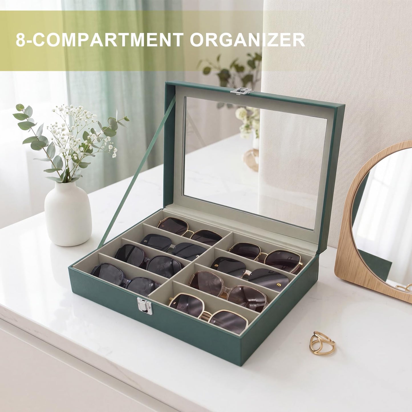 CECOBAG 8 Slots Sunglass Organizer with Clear Top Lid – PU Leather Glasses Case Display Tray, Removable Dividers, Also Suitable for Jewelry Storage-Green