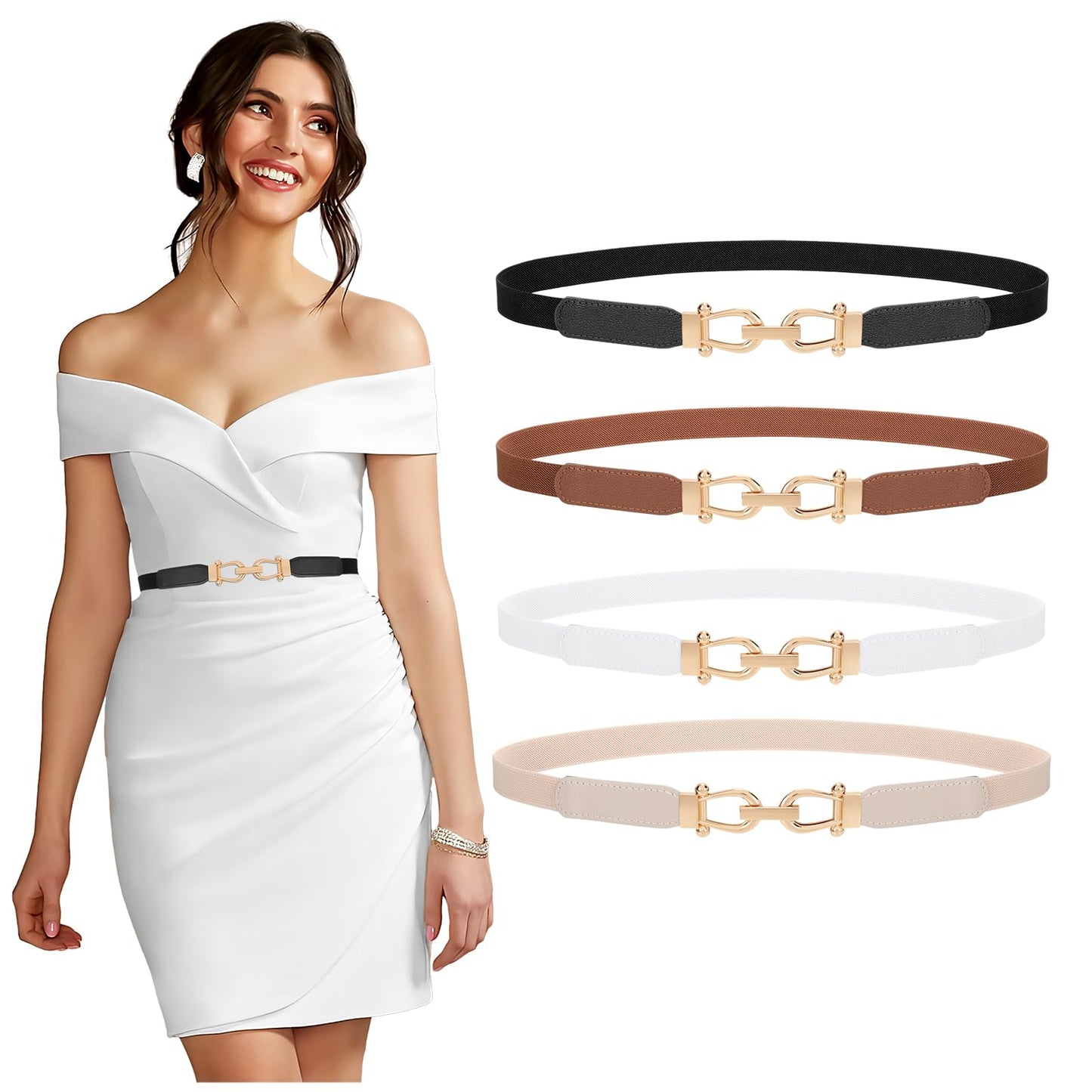 TRIWORKS 4 Pack Skinny Elastic Belts for Women Gold Buckle Thin Stretchy Waist Belts for Dresses