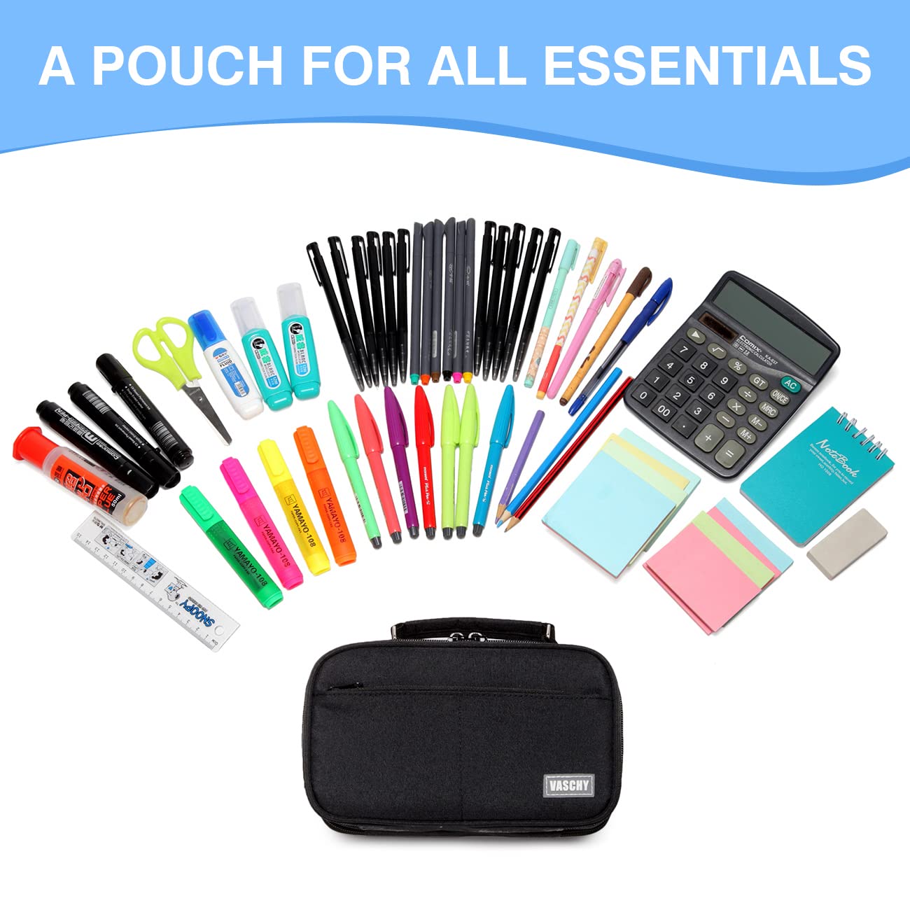 VASCHY Pencil Case, Large Pencil Pouch with Compartments for Middle School,Work,Office Pen Organizer Holder School Supply Black