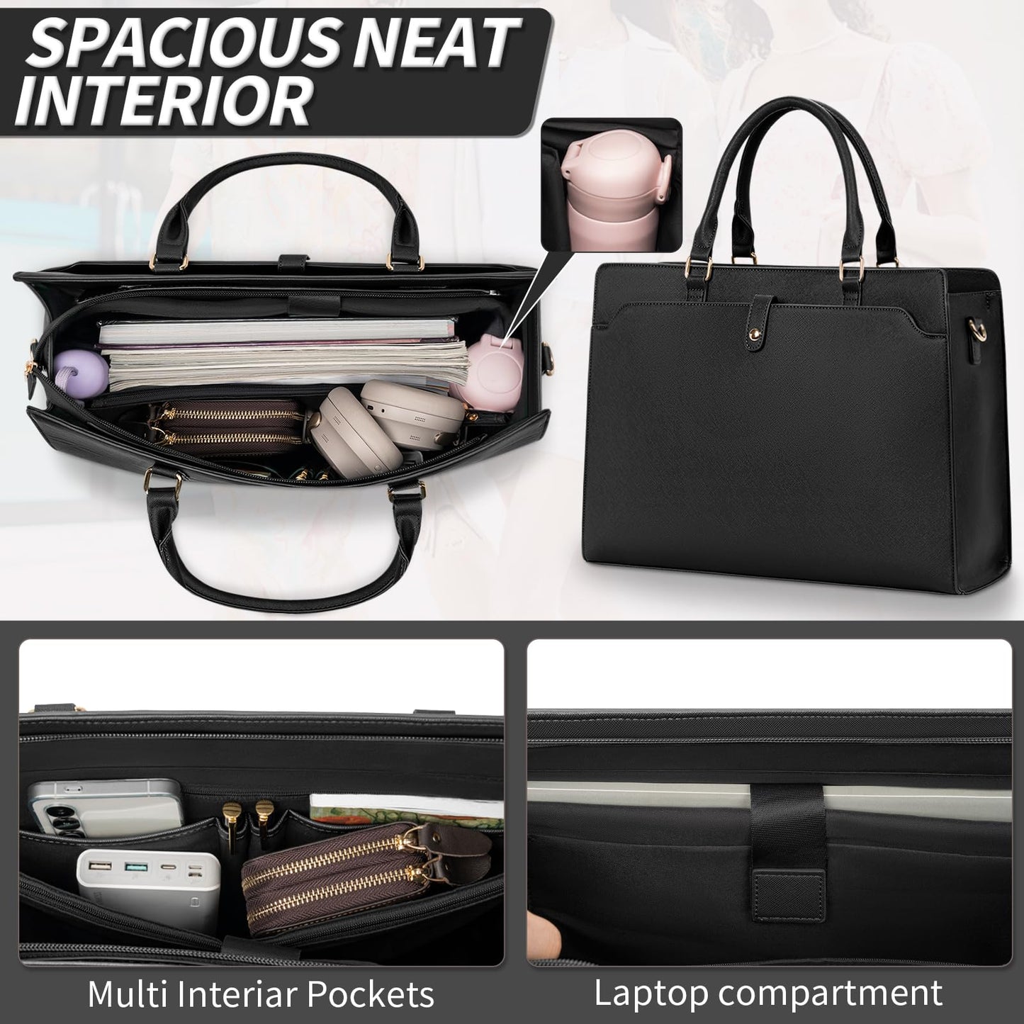 GMAK Laptop Tote Bag for Women, Office Work Bag Briefcase for 15.6 inch Laptop, PU Leather Teacher Tote Bag Large Capacity Waterproof Computer Bags Teacher Handbag for Commute Office Travel, Black