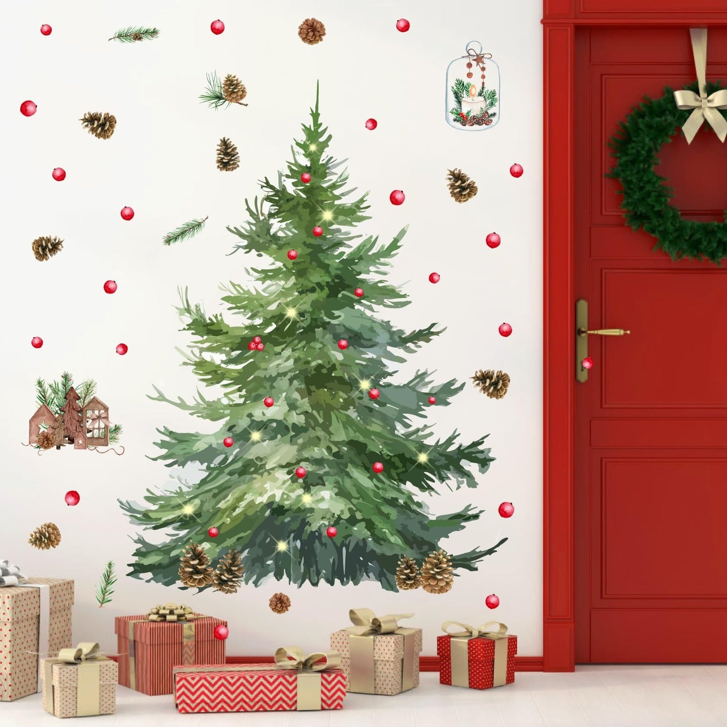 Large Pine Tree Wall Stickers Watercolor Christmas Tree Wall Decals Peel and Stick Removable Evergreen Trees Decal Winter Merry Christmas Art Murals for Living Room Kitchen Gift Xmas Party Supplies