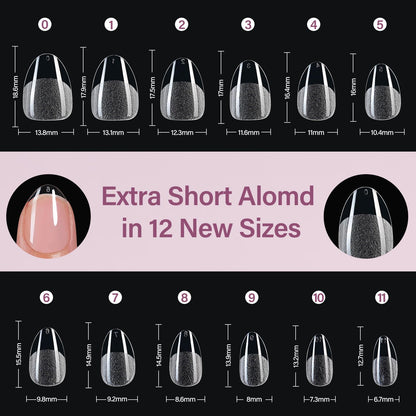 Misssix Short Almond Gel Nail Tips Kit, 216Pcs Pre Etched Clear Fake Nails, Full Cover False Nail 9-in-1 Gel Glue and Portable Mini U V Nail Lamp for Women 12 Sizes
