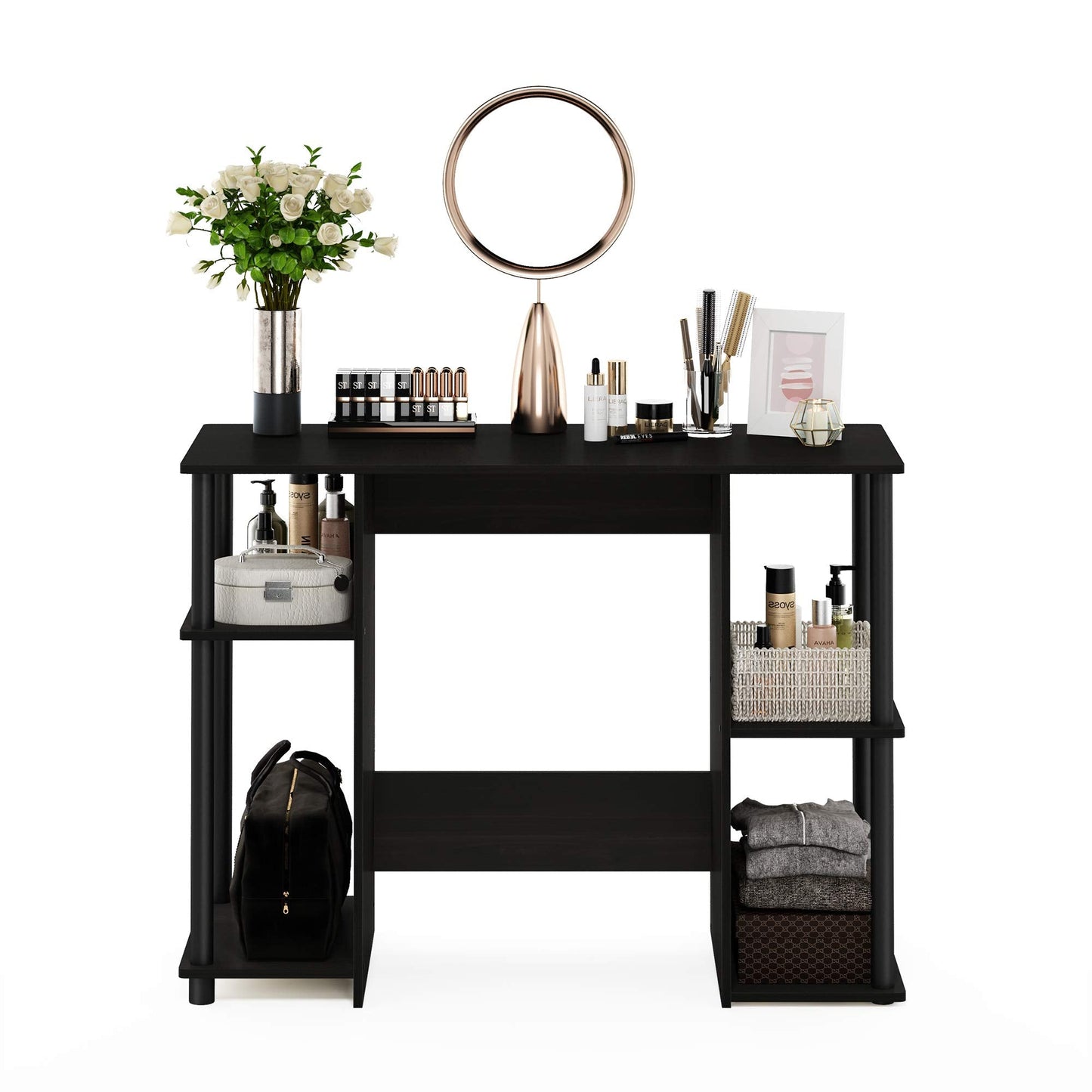 Furinno JAYA Desk, 38.4" Wide Gaming Desk, Computer Study Desk, Office Desk with Side Shelves, Open Storage, for Home Office, Bedroom, Dorm, Study Room, Espresso