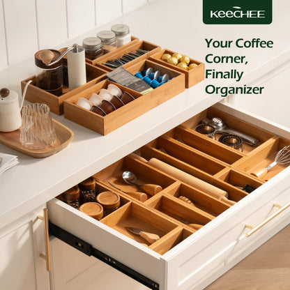 Carbonized Bamboo Kitchen Drawer Organizer, 8 Slots Silverware Organizer, Utensil Holder & Cutlery Tray, 2.2" Deep for Extra Capacity, Non-Slip Feet Included