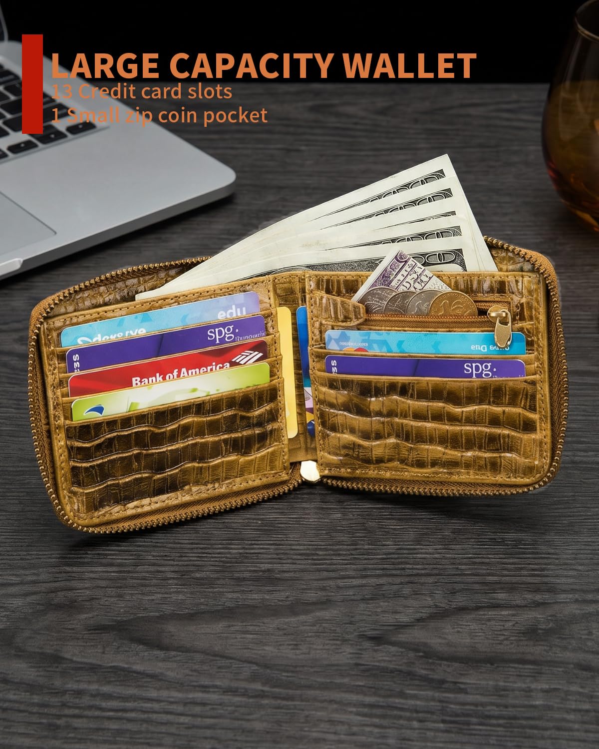 STEELLION Men's Genuine Cowhide Leather Wallet, Crocodile Embossed Bifold with 15 Card Slots, RFID Blocking & Secure Zipper Coin Pocket