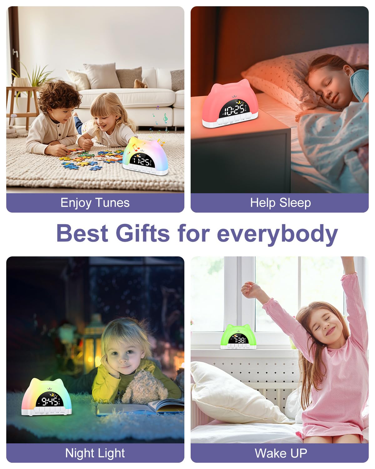 OQIMAX Kids Alarm Clock, Wake Up Clock with 11 Colors Night Light, Toddlers Sleep Training Clocks with 10 Ringtones, Brightness Adjustment, Dual Alarms Plug in OK to Wake Clocks for Girls Boys