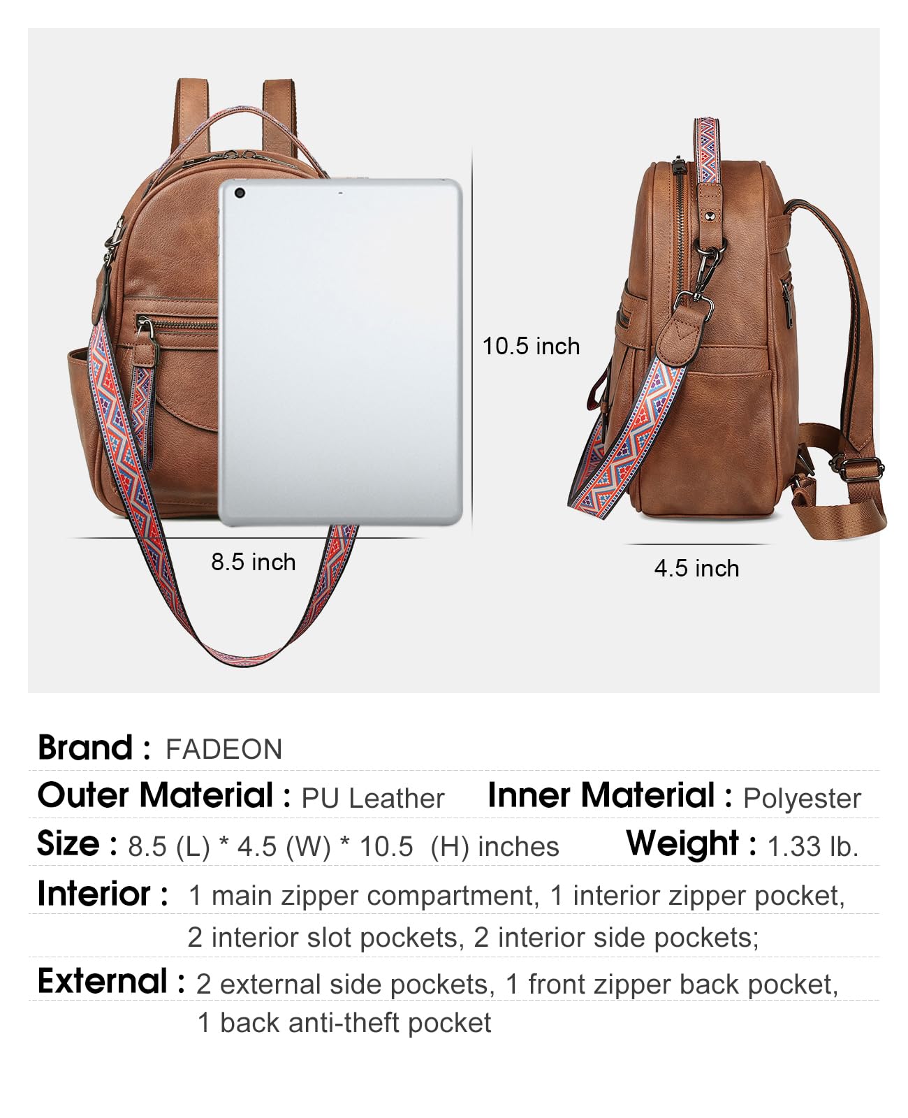 FADEON Mini Backpack Purse for Women, Designer Leather Cute Roomly Small Backpacks, Ladies Shoulder Backpack Fashion Handbag