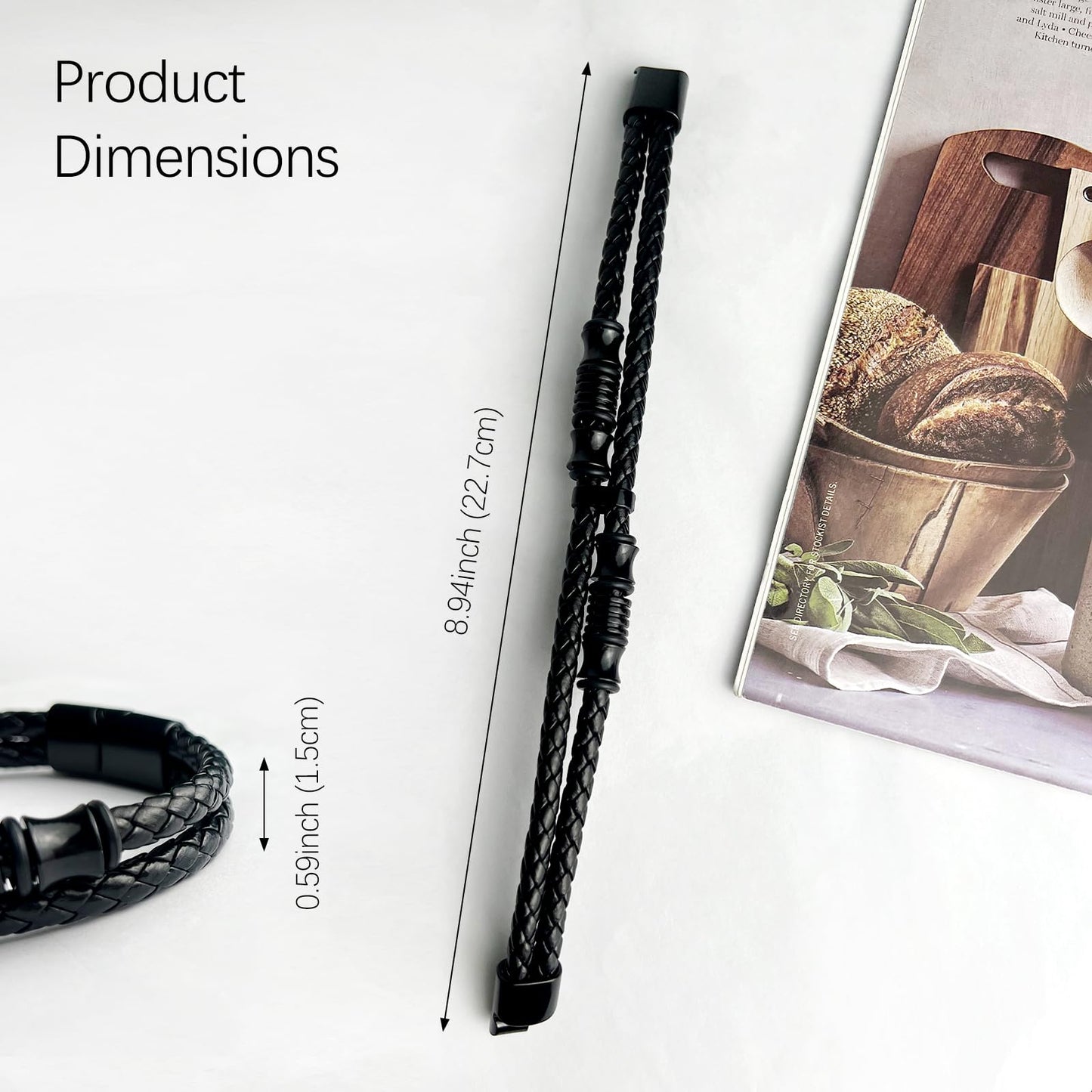 Tienyuu Men’s Double-Row Braided Leather Bracelet with Stainless Steel Ornaments – Black Leather Wristband Bangle