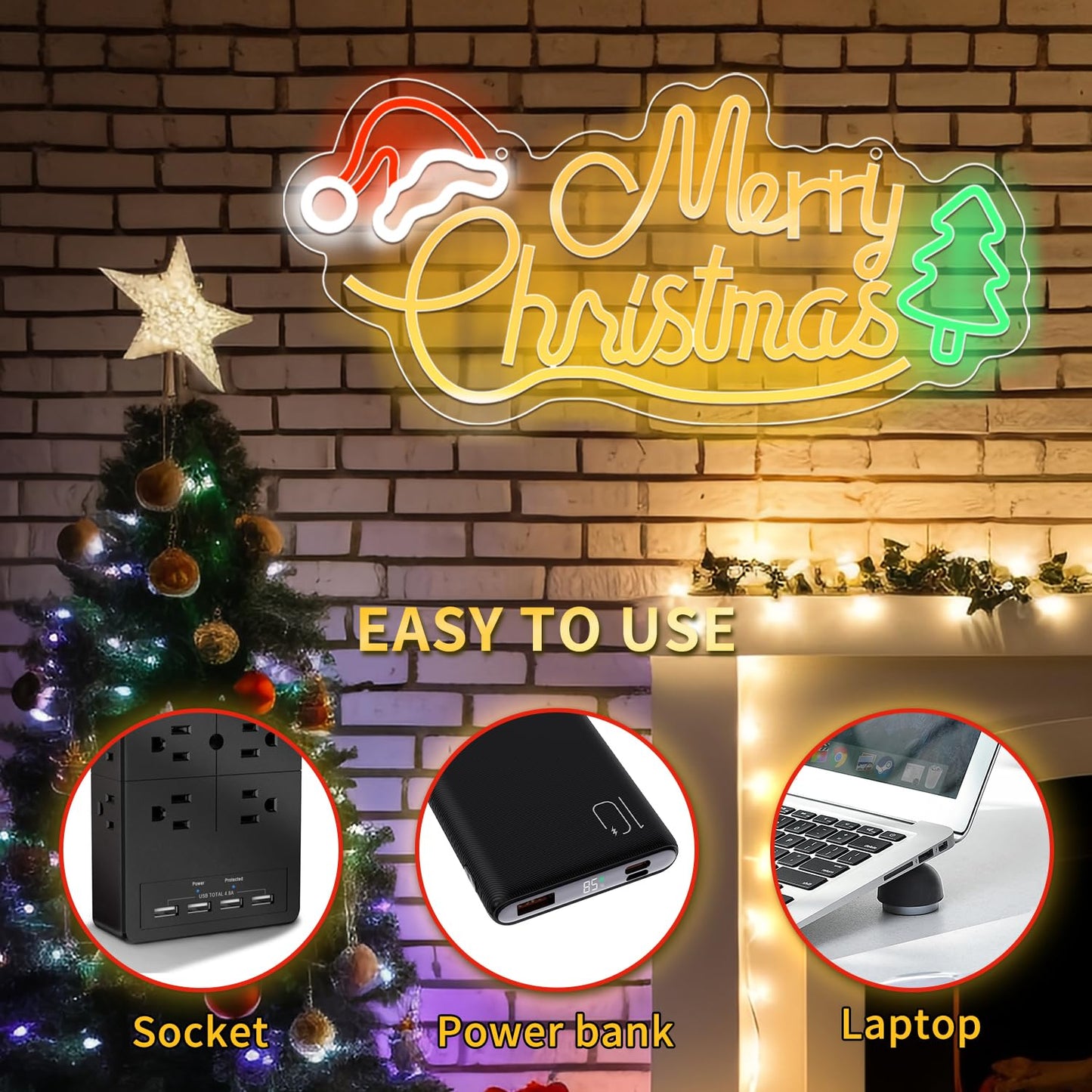 JoyHue Merry Christmas Neon Signs, 16.7*7.9Inch LED Christmas Lights with Xmas Tree and Santa Hat for Wall, Window, Party, Bar, Pub, Club, Kids Bedroom Decorations and Gifts, USB Powered