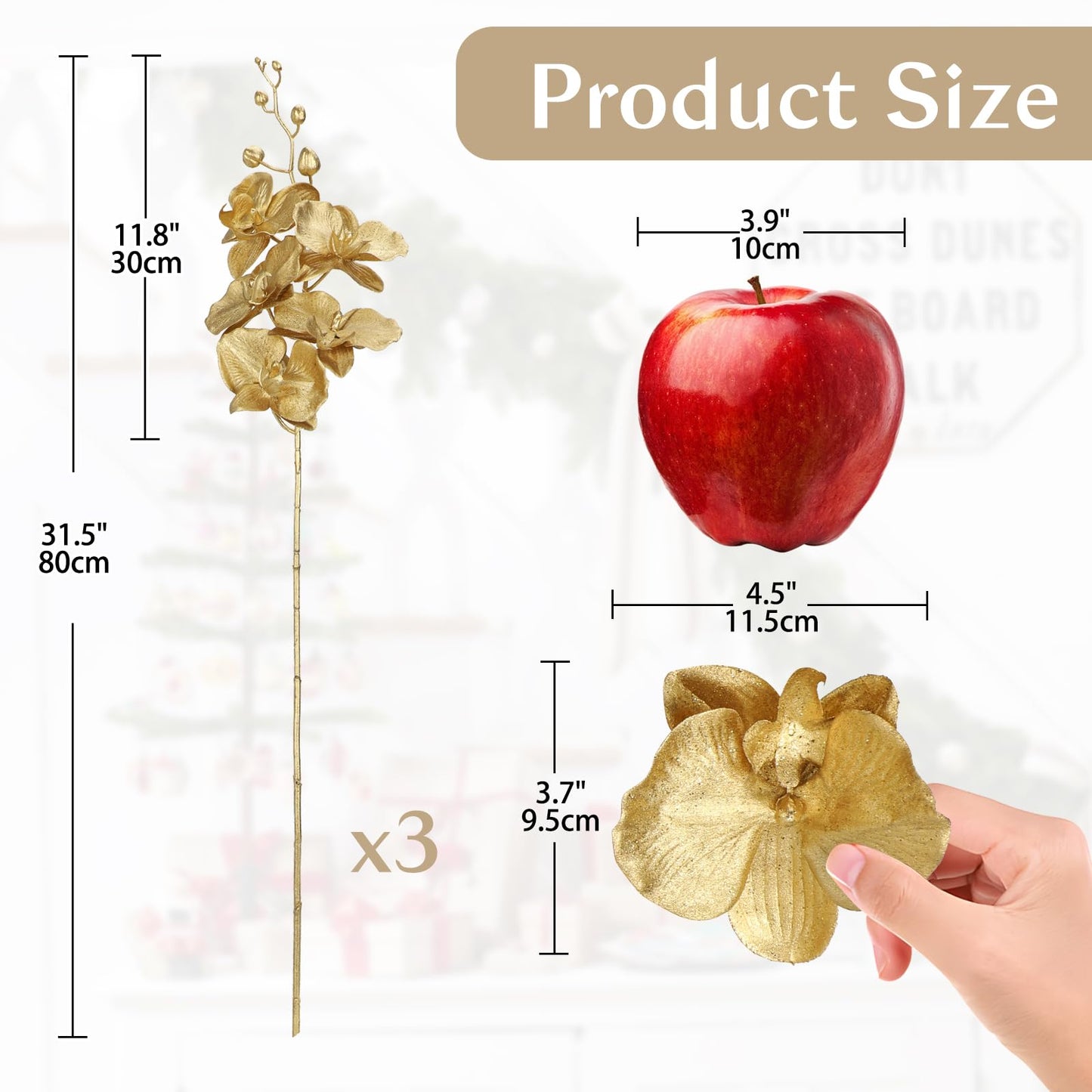 Gold Glitter Artificial Orchid Stems 3 Pcs, 31.5" Christmas Fake Phalaenopsis Orchid Flowers, Sparkling Faux Orchid Branches for Xmas Tree Decorations, Table Centerpieces, Floral Arrangements
