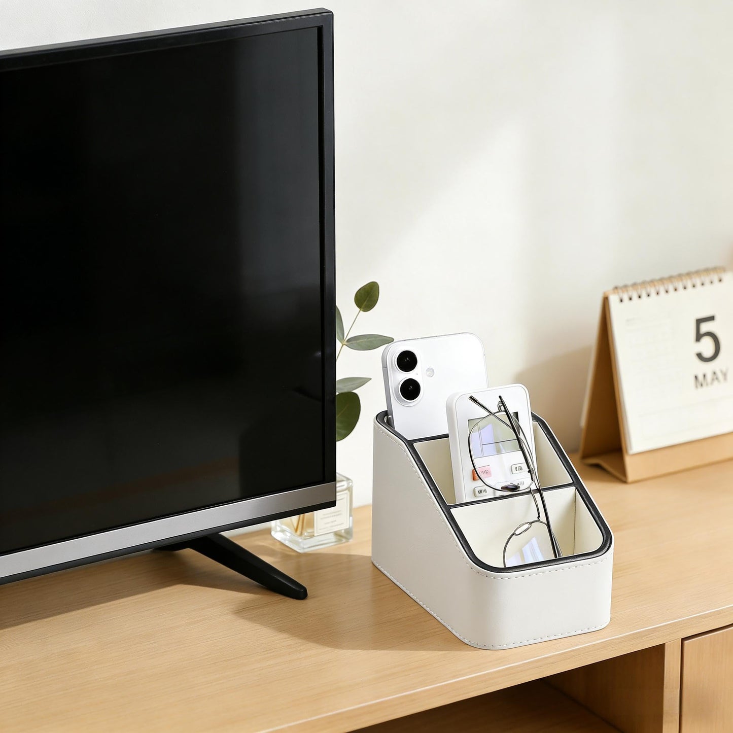 NICLNGSH PU Leather Remote Control Holder, Small Desk Organizer Office Supply Bedside Caddy for Nightstand End Table Couch, Pen Remote Organizer with 3 Compartments (Cream)