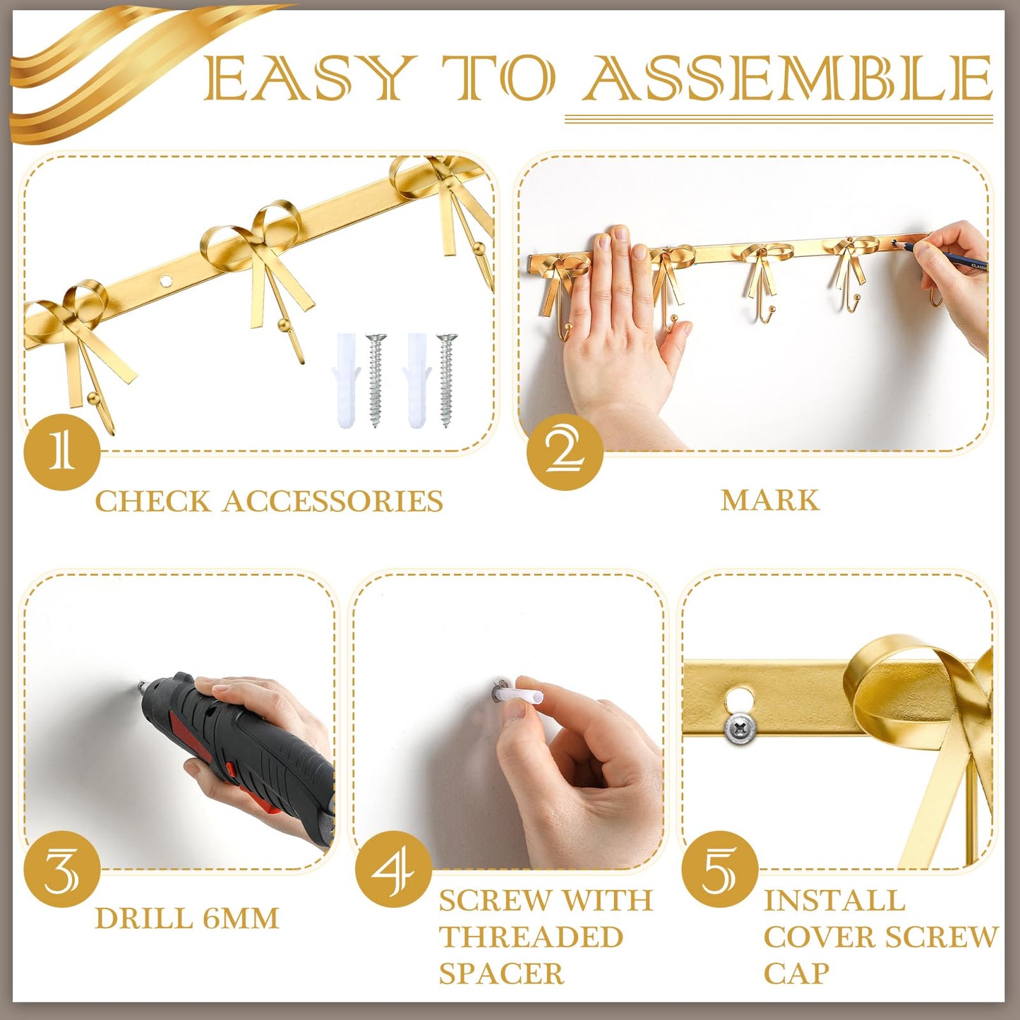 Tioncy Gold Bow Hooks Coat Rack Wall Mounted Gold Metal 5 Hook Bow Wall Decorations Nursery Bedroom Bathroom Coquette Living Room Decor for Hanging Coats Hats Towels Robes Purses Bags Keys