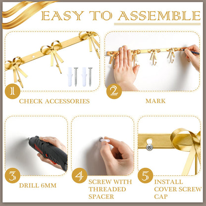 Tioncy Gold Bow Hooks Coat Rack Wall Mounted Gold Metal 5 Hook Bow Wall Decorations Nursery Bedroom Bathroom Coquette Living Room Decor for Hanging Coats Hats Towels Robes Purses Bags Keys