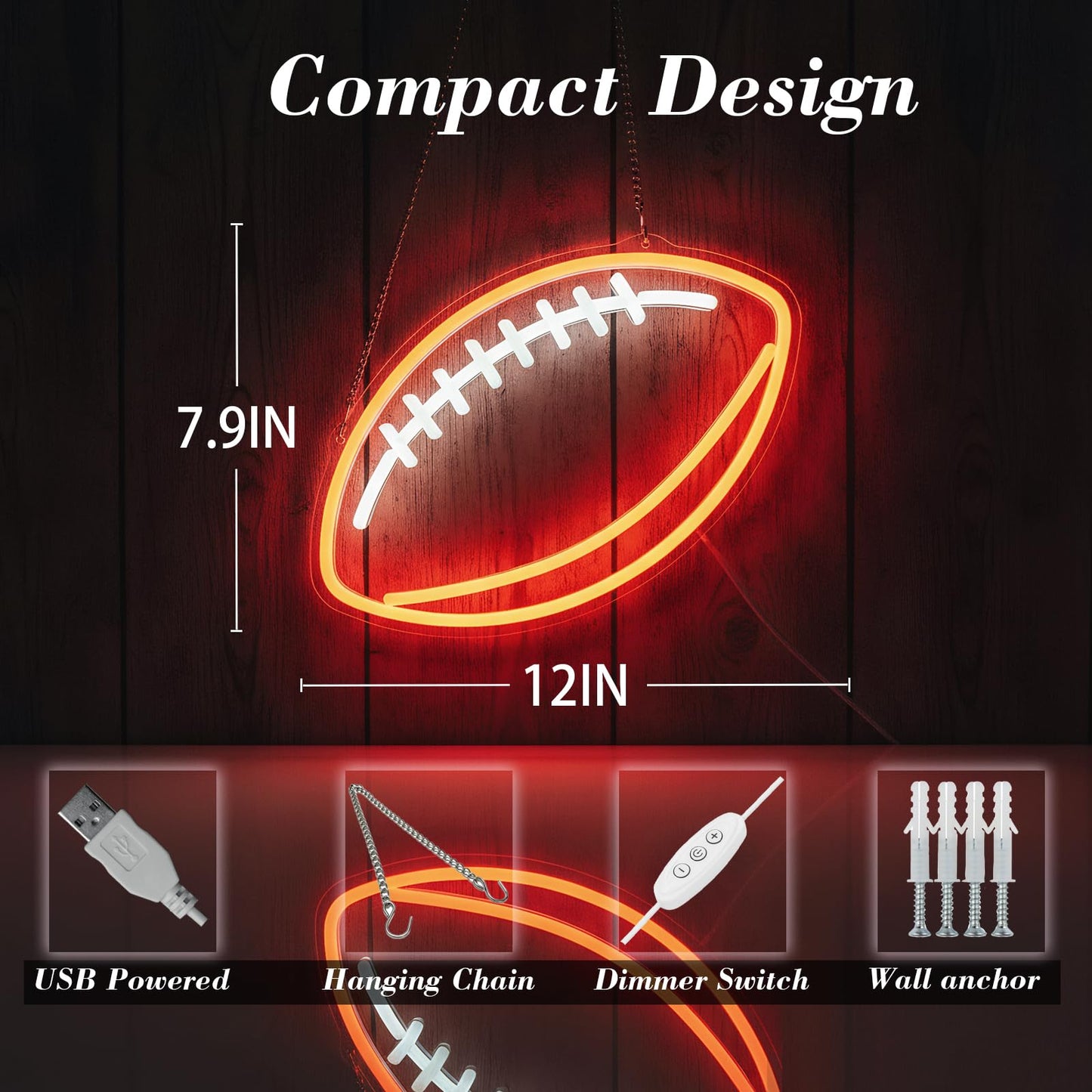 Football Neon Sign for Wall Decor, Dimmable LED Light for Bedroom Sports Room Decor, Football Gifts for Boys 8-12, 12 x 7.9 Inches