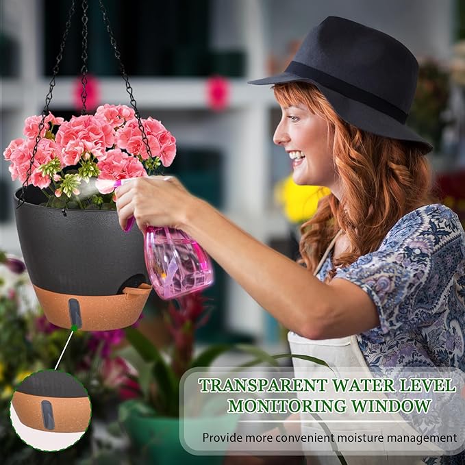 10 Inch Hanging Planters for Indoor Plants, 2 Pack Self Watering Hanging Baskets Flower Pots with Drainage Hole, Visual Reservoir & 2 Kinds of Plant Hanger for Outdoor Garden Home Decor（Black）