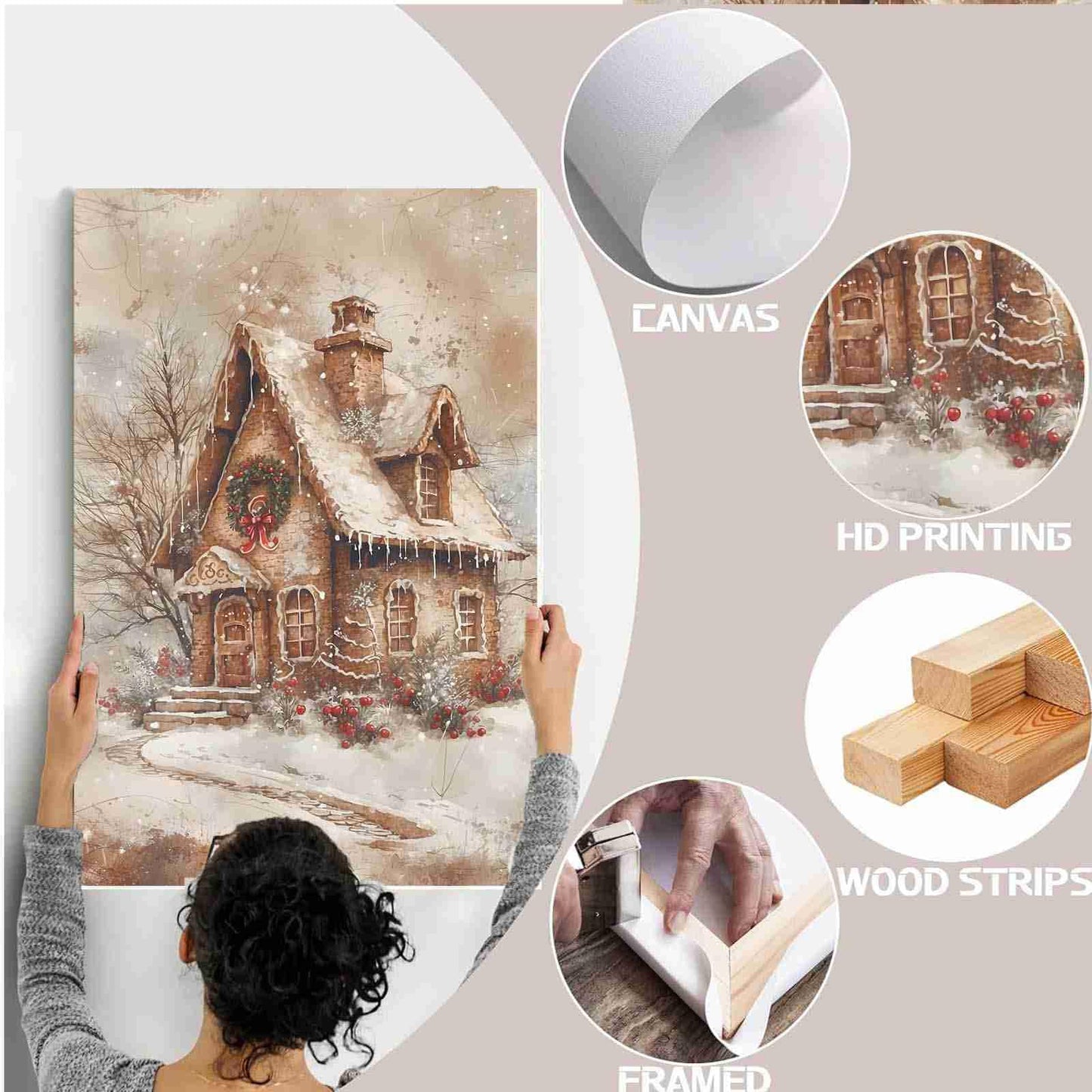 Framed Canvas Wall Art Home decor Winter Gingerbread House Traditional Christmas Print Festive Artwork Wall Decor canvas print poster 8x12in Wood Framed