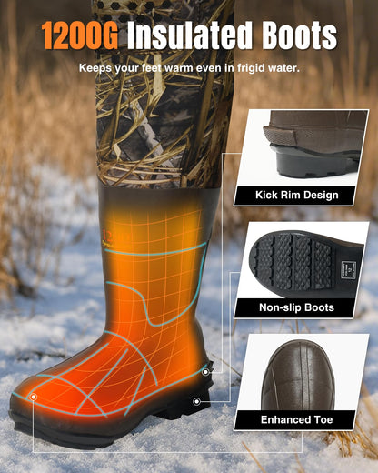 HISEA Hunting Waders for Men with 1200G Insulated Boots, Neoprene Waterproof Chest Wader, Bootfoot Fishing Waders