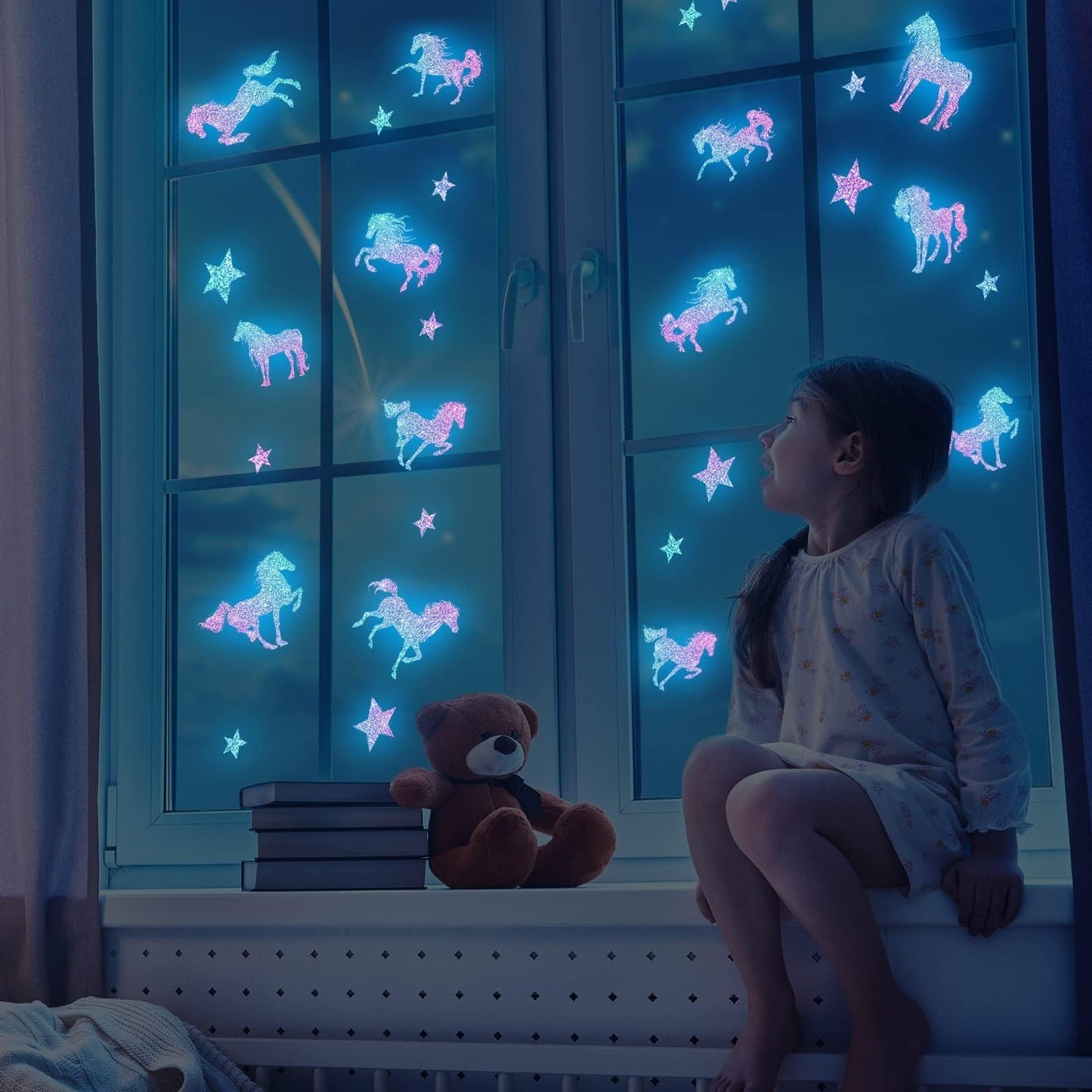 Glow in The Dark Unicorns Wall Decals Unicorns Star Wall Stickers for Baby Girls Bedroom Blue Luminous Glow Stars Ceiling Stickers for Baby, Birthday Present for Baby Boys