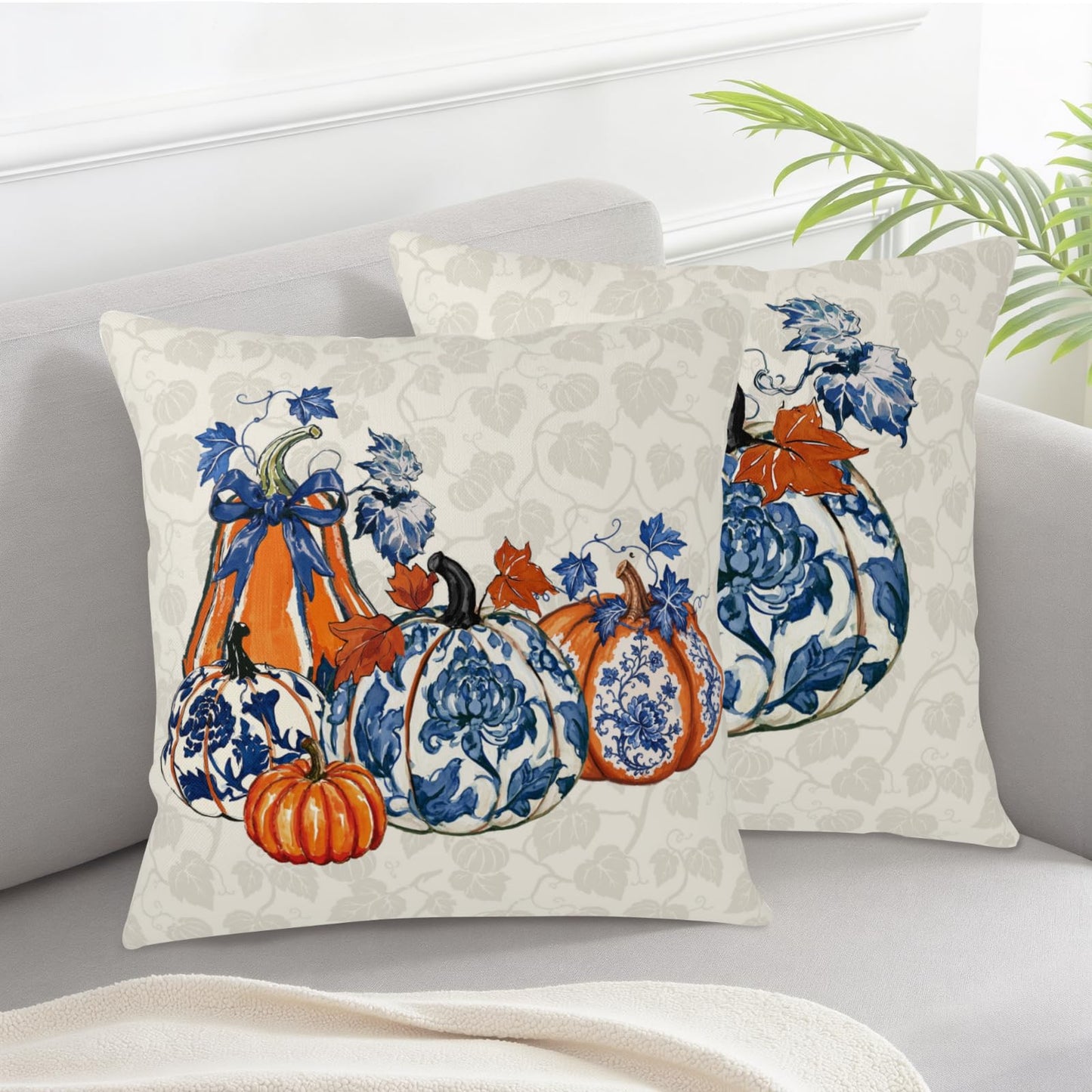 ABSOP Fall Orange Blue Pumpkin Pillow Covers 18x18 Inch Autumn Decorative Throw Pillow Covers Set of 2 Thanksgiving Harvest Pillowcases for Soft Couch Room Decor