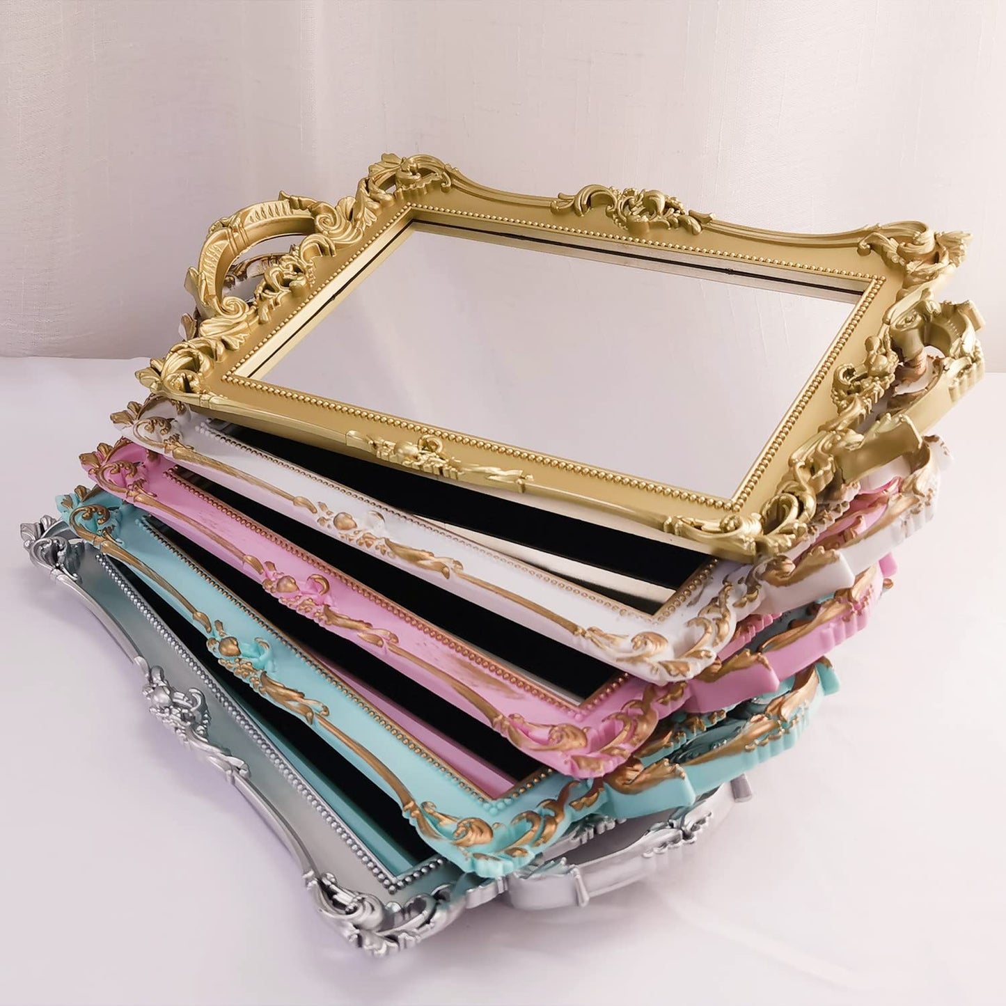 Yamfurga Small Rectangle Decorative Mirror Tray, French Style, Makeup Organizer, Jewelry Organizer, Serving Tray, 13"x 7.8", Golden Blue