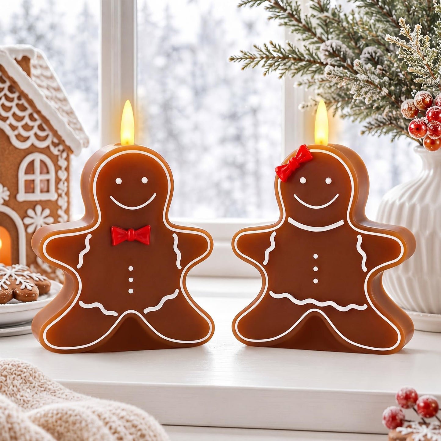 VIHOSE 2 Pcs Christmas Gingerbread Man Flameless Candles 4.53 x 5.59 x 2.76 inch Real Wax Gingerbread Man Battery Operated LED Candles Christmas Table Decoration for Xmas Winter Home Table Decor