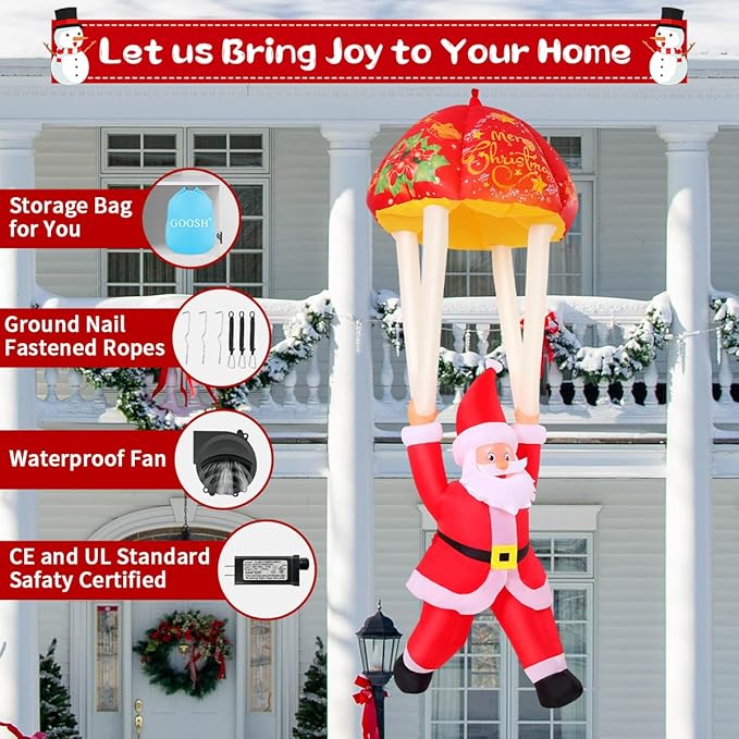 GOOSH 8.2 FT Hanging Christmas Santa Inflatables Decorations, Outdoor Parachute Santa Claus Blow Up Yard with Built-in LEDs for Outdoor Christmas Party Yard Garden Lawn Decor