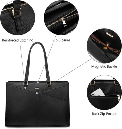 LOVEVOOK Laptop Tote Bag for Women 15.6 Inch Leather Work Bags with Large Cup Holder for Teacher Work Business,Black