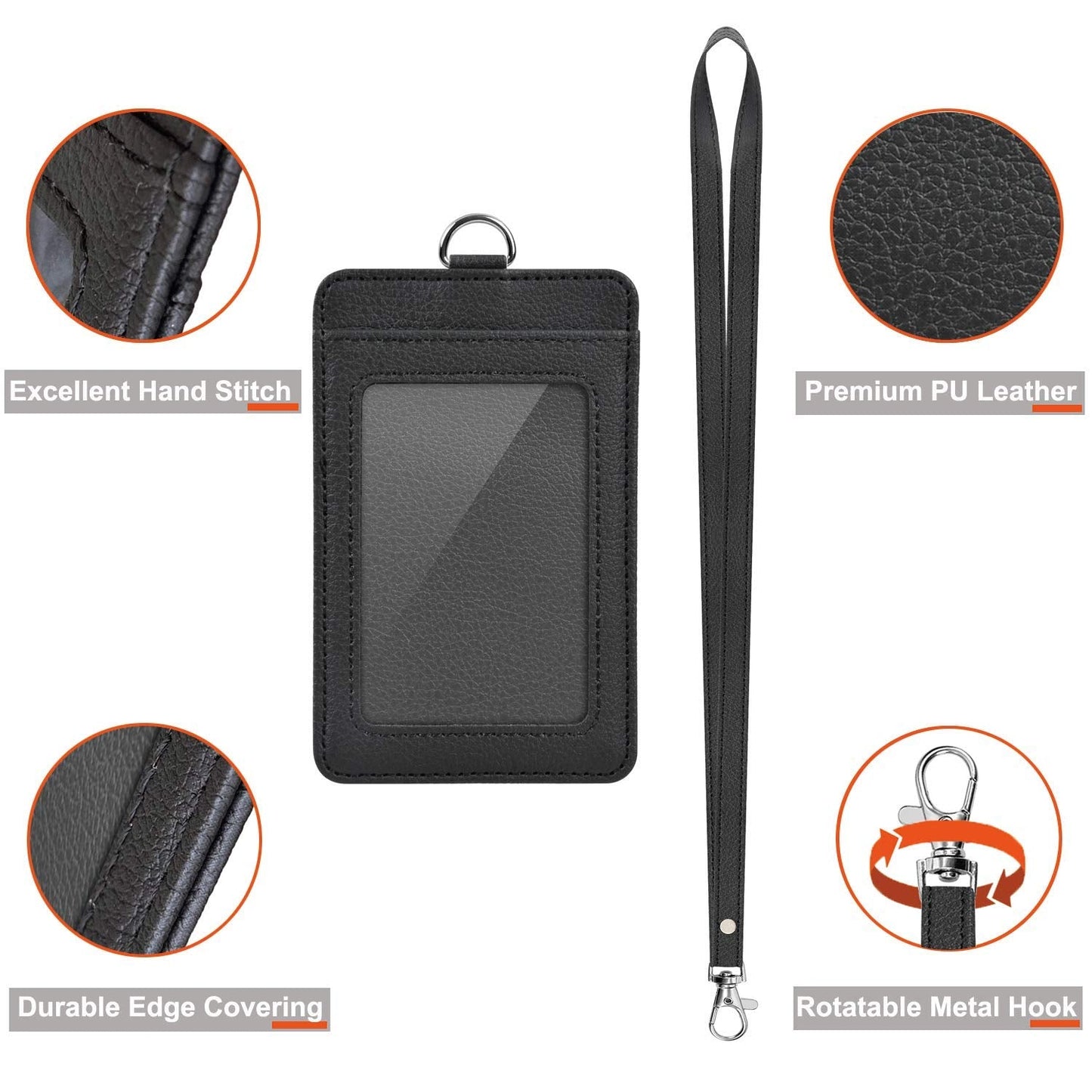3 Pack PU Leather ID Badge Holder, Life-Mate ID Badge Holder with 1 Clear ID Window 1 Credit Card Slot and PU Leather Lanyard for Badge Credit Cards College ID Cards in Black