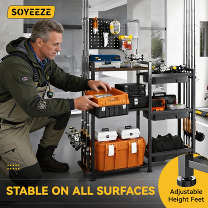 SOYEEZE Fishing Rod Holders for Garage, 3 Storage Boxes for Reels & Fishing Accessories, 10 Rod Capacity Fishing Pole Holder with Pegboard, and 3-Tier Shelf for Tackle Box, Fishing Gear Organizer