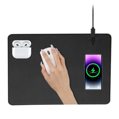 Wireless Charging Mouse Pad Firelison 2 in 1 Leather Multifunctional Office Desk Pad with Non-Slip Rubber Base, Waterproof Desk pad for Computers/Office/Work/Home/Decor（ 12" x 10"Black - R）