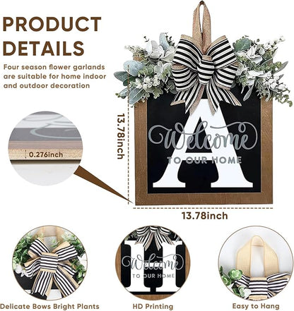 Ultra Large 14'' Last Name All Year Round Front Door Wreath with 26 Initial Letter Welcome Sign All Seasons Eucalyptus Garland and Bow Wreaths for Front Door Porch Farmhouse Decoration (A)