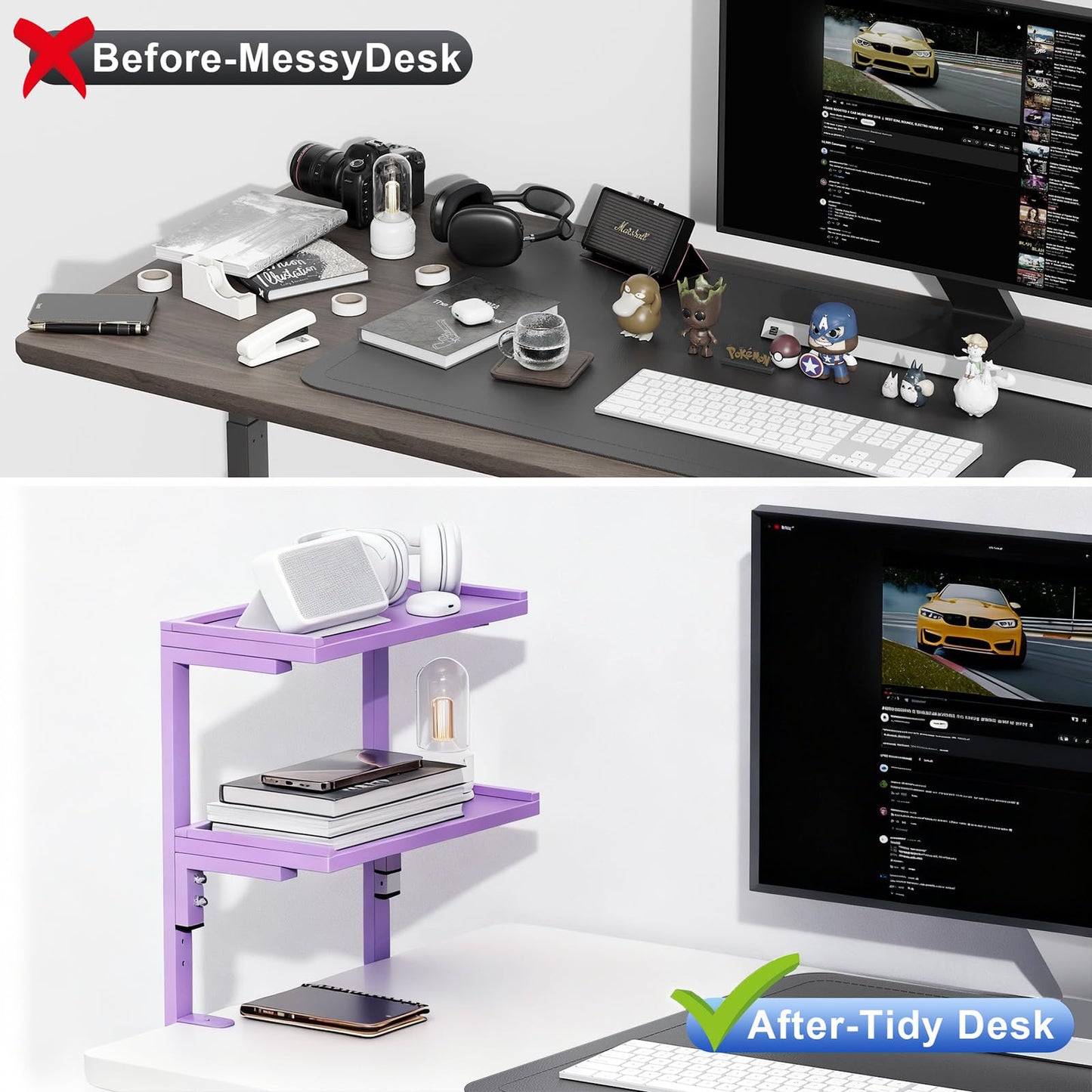 Spacrea clamp on Desk Shelf, 2 Tier Office Desk Shelves Organizer, Wood Desktop Supplies Storage Rack, Desk Organizers and Accessories (Purple)