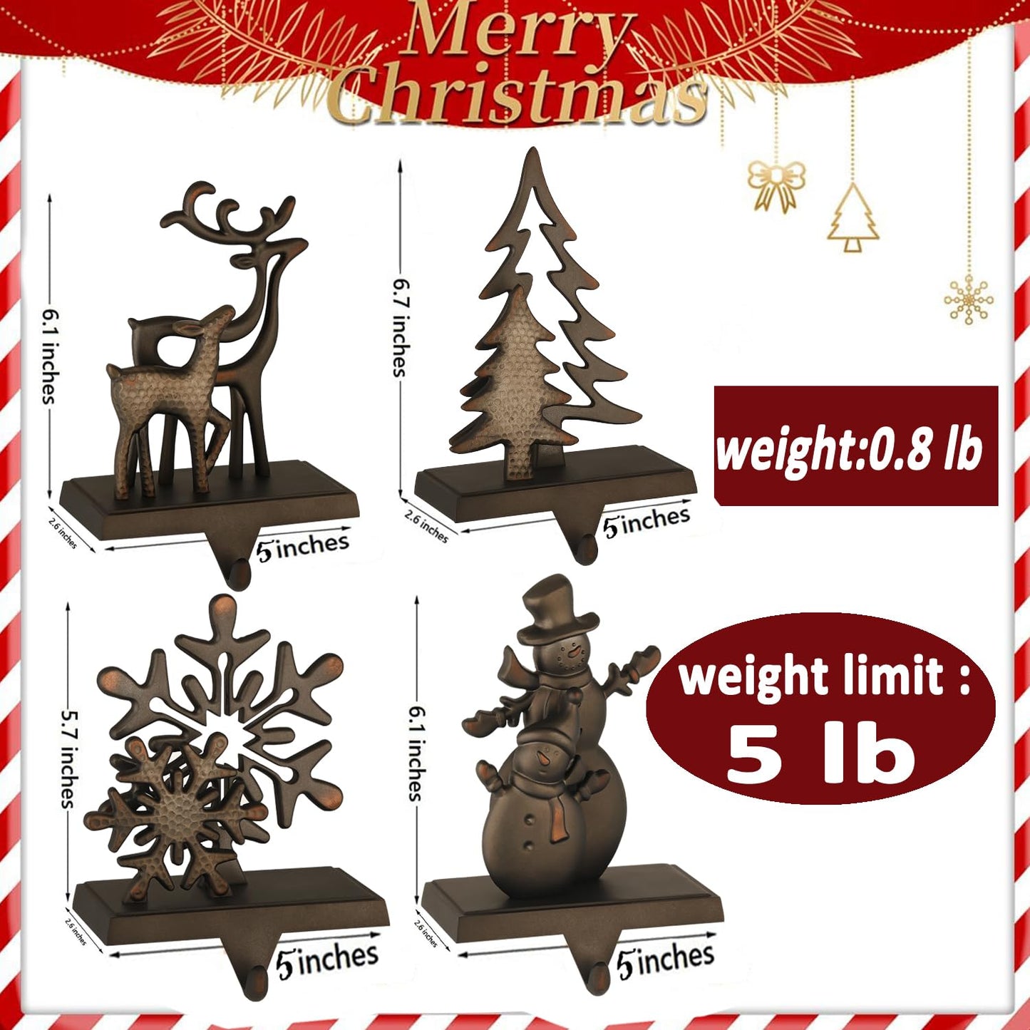 Set of 4 Christmas Stocking Holders for Mantel,Deer Snowman Snowflake Reindeer Stocking Holders for Fireplace Christmas Hanger for Stocking,Metal Stocking Hooks for Xmas Decoration (Black set, 4)