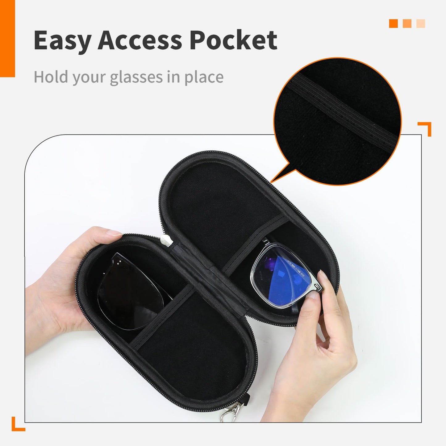 FlyingMage Double Eyeglasses Case, Hard Shell Dual Glasses Sunglasses Organizer with Zipper Clip Travel Eyewear Storage for Women Men (Black)