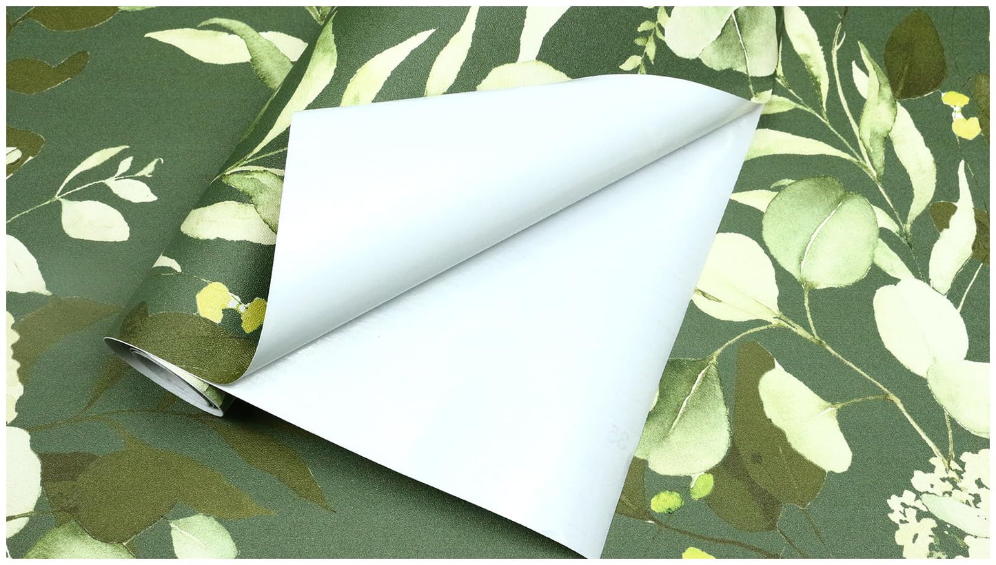 HAOKHOME Peel and Stick Wallpaper Boho Sage Green Eucalyptus Leaf Floral Wall Mural Home Nursery Decor Renter Friendly Wallpaper 17.3in x 9.8ft
