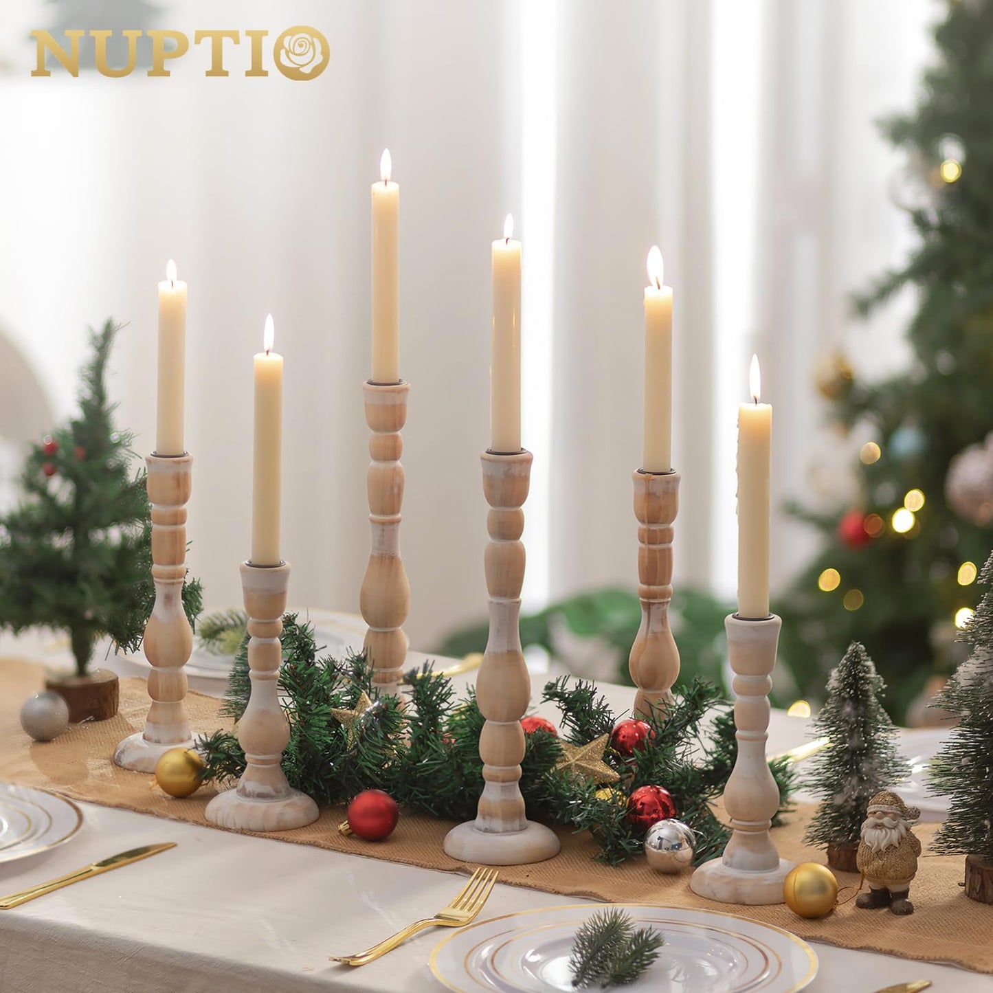 NUPTIO Candlestick Holders Wood for Home: Set of 3 Tall Farmhouse Taper Candle Holders for Christmas Gift Mantel Decor