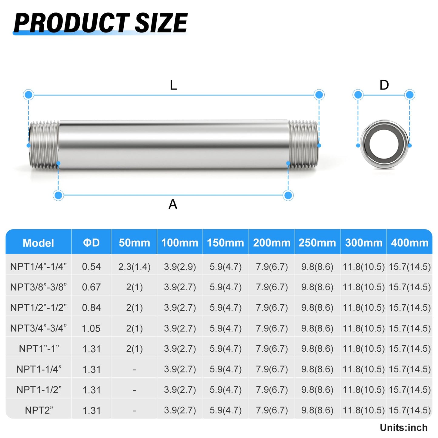 TAILONZ PNEUMATIC 1" NPT Male x 1" NPT Male 304 Stainless Steel Pipe Nipple, 12" Length Cast Pipe Fitting, Threaded Connector（Pack of 3）