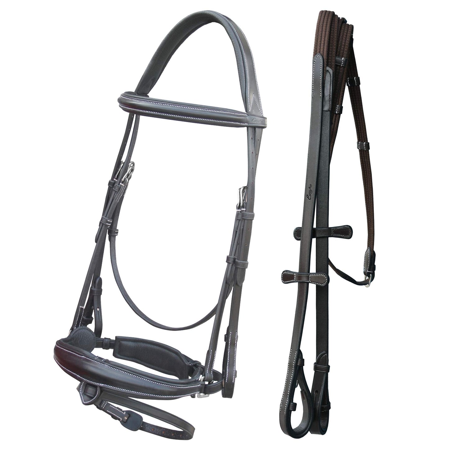 Exion Dressage Bridle with Mono Crown & Detachable Flash | Anatomical Crank Noseband, Raised Padded Browband, Calfskin-Lined Leather Dressage Bridle with Web Reins for Horses