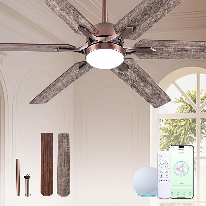 52" Oil Rubbed Bronze Smart Ceiling Fan with Light via WiFi Alexa,6-Speeds Quiet DC Motor,Dimmable,Outdoor Antique Bronze Large Ceiling Fan for Living Room,Bedroom,Dual Finish 6 Blades
