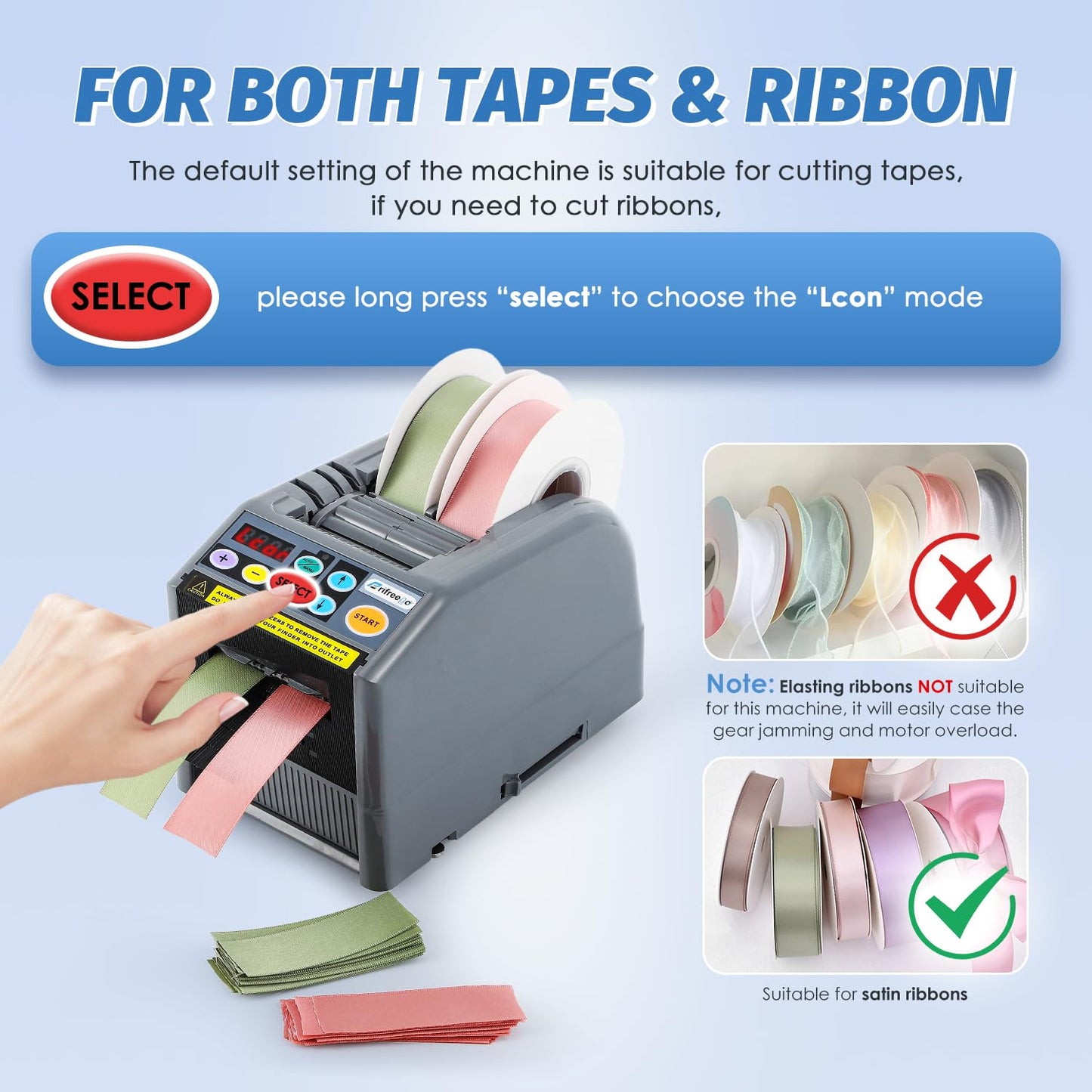 Frifreego Automatic Tape Dispenser, Electric Ribbon Cutting Machine, Upgraded Silicone Wheel for 6-60mm Width Tape/Ribbon, Max. Cutting Length 999mm, 110V, Unsuitable for Elastic Ribbons