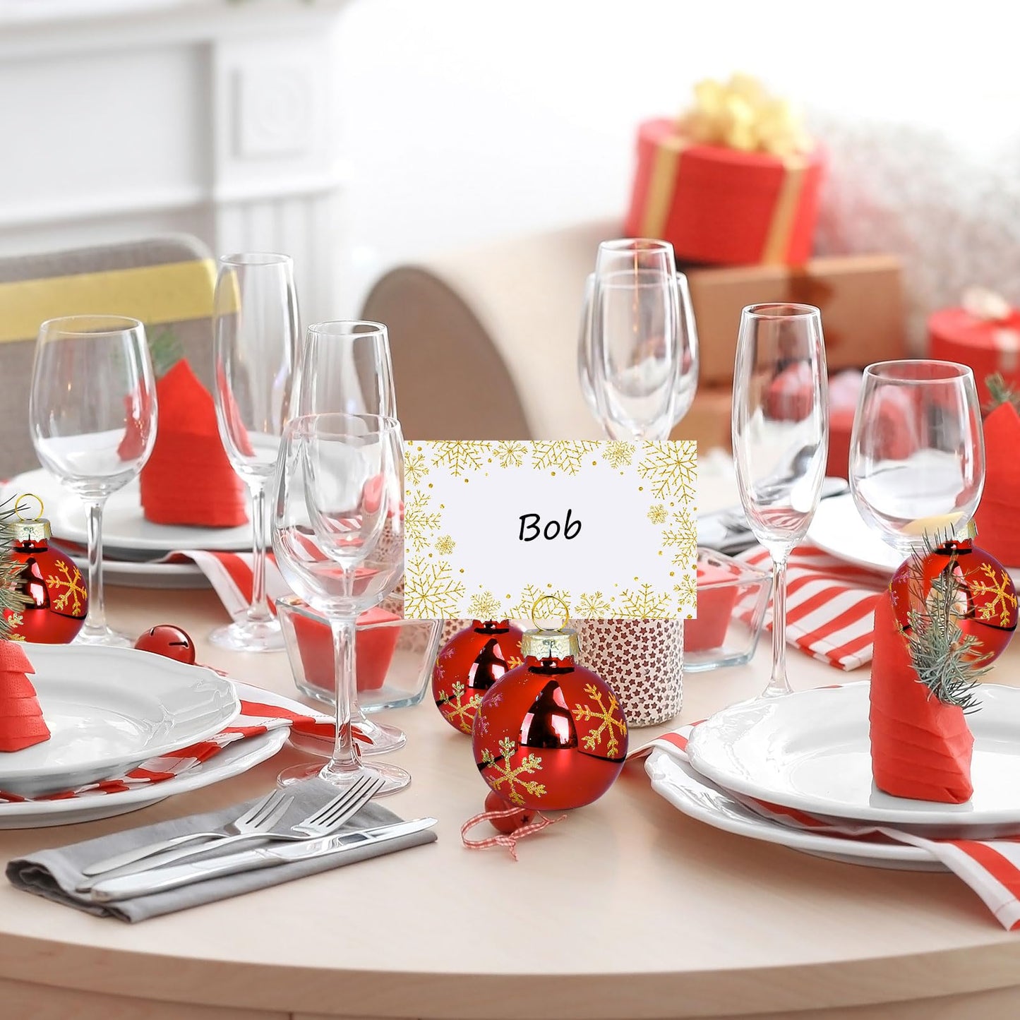 Whaline 12 Packs Christmas Gold Snowflake Ornament Place Card Holders with Name Cards Xmas Red Ball Seat Label Card Holders for Winter Wedding Holiday Table Sign