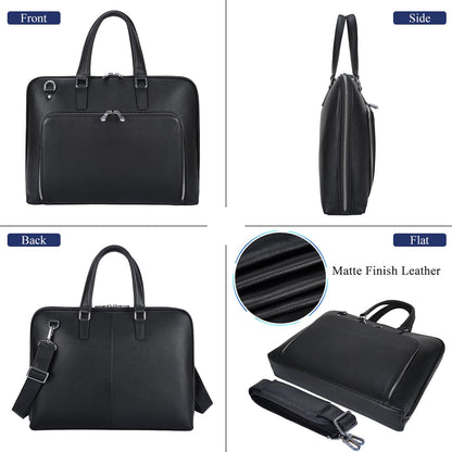 Masa Kawa Black Leather Slim Briefcase for Men Women Fits 15.6-16 Inch Laptop Professional Business Messenger Crossbody Shouder Bag Lawyer Ladies Office Work Brief Attche Case, Large