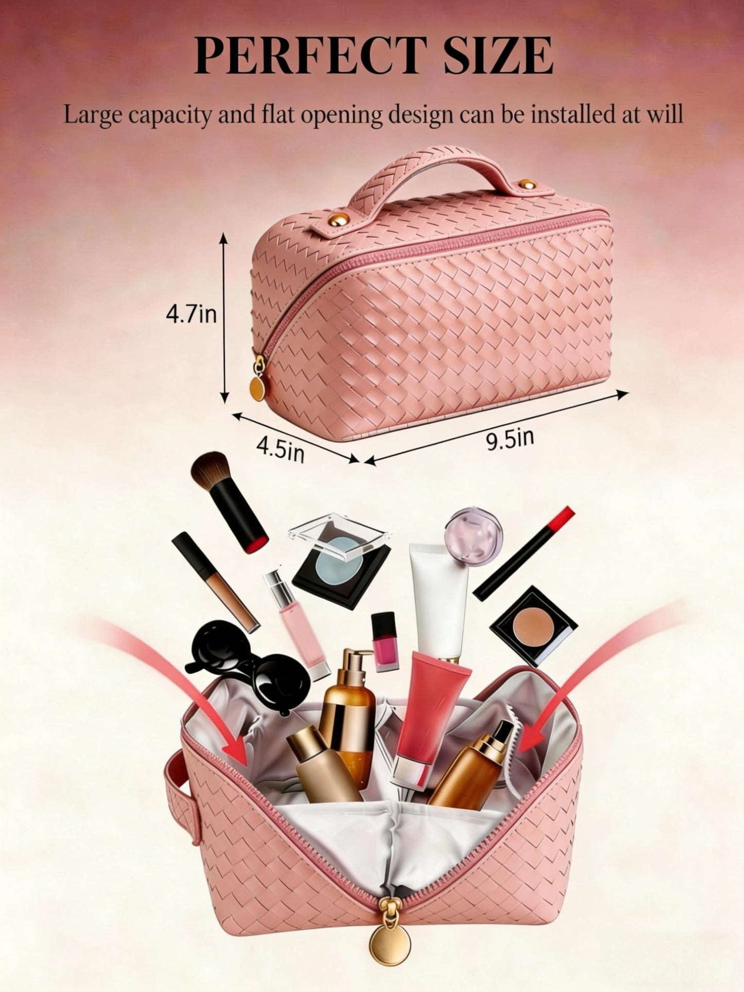 Husuctic Travel Makeup Bag for Women: Large Capacity Waterproof PU Leather Case Easy to Care Open Flat Portable Pouch Cosmetic Make Up Toiletry Organizers for Travel Essentials (Pink)