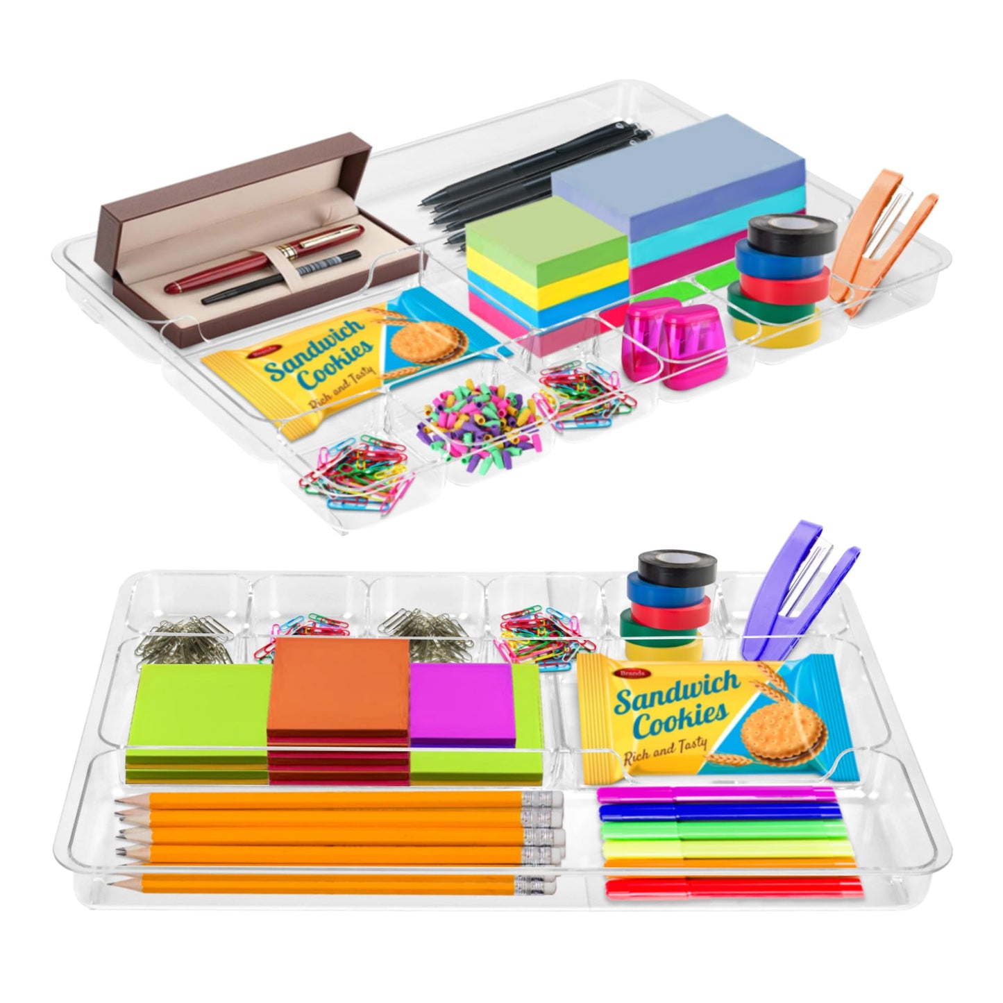 Manaloom Desk Drawer Organizer Tray with 9 Storage Compartments - For Home and Office - Drawer Organizers Office, Perfect Organizing Pens, Pencils, Paper Clips, Sticky Notes - Clear - 2 Pack